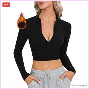 Mock Turtleneck Zip Up Crop Top Fleece Lined Fitted Sexy Chic Y2K